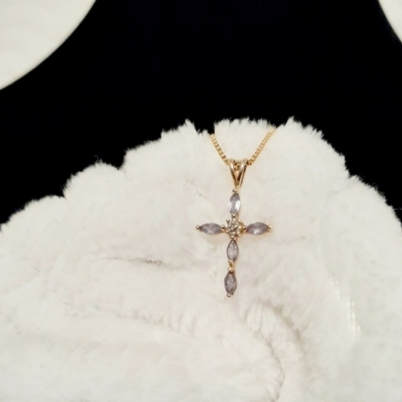 Solid 14k Gold Tanzanite Diamond Cross Pendant - Picture 8 of 14
